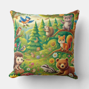 Cojín Decorativo Escena caprichosa del bosque con animales lindos