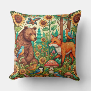 Cojín Decorativo Escena caprichosa del bosque con animales lindos