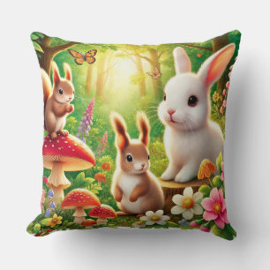 Cojín Decorativo Escena caprichosa del bosque con conejos, ardillas