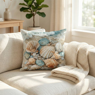 Cojín Decorativo Escena de deriva de acuarela de conchas marinas co