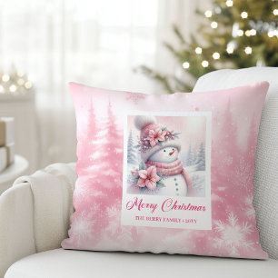 Cojín Decorativo Escena de invierno de muñeco de nieve rosa elegant