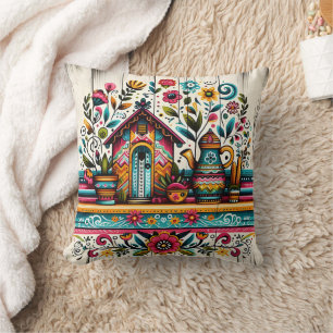 Cojín Decorativo Escena de jardín vibrante con una casa para pájaro