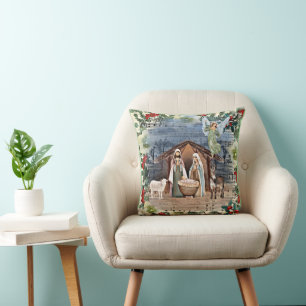 Cojín Decorativo Escena de la Natividad, alegría para el mundo,