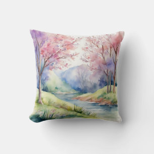 Cojín Decorativo Escena de la naturaleza de la primavera acuarela
