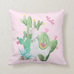 Cojín Decorativo Escena de Llama Adorable y Cactus - Rosa Personali