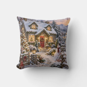 Cojín Decorativo Escena de montaña nevada de cabaña de Navidad