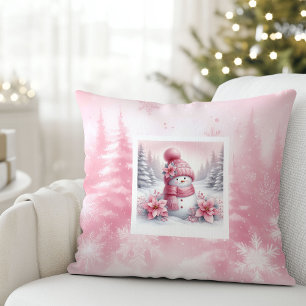 Cojín Decorativo Escena de Navidad con muñeco de nieve rosa moderno