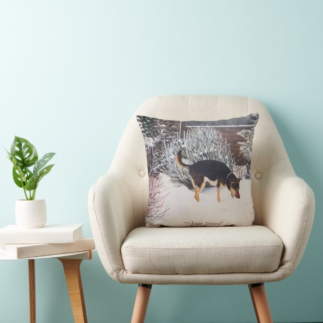 Cojín Decorativo Escena de nieve de invierno con perro negro lindo  (Silla)