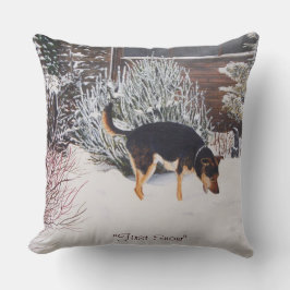 Cojín Decorativo Escena de nieve de invierno con perro negro lindo 