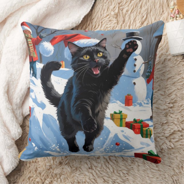 Cojín Decorativo Escena de nieve festiva para Navidades de gato neg (Manta)