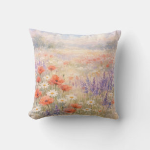Cojín Decorativo Escena de pradera de flores silvestres en acuarela