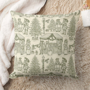 Cojín Decorativo Escena de pueblo navideño vintage verde Toile