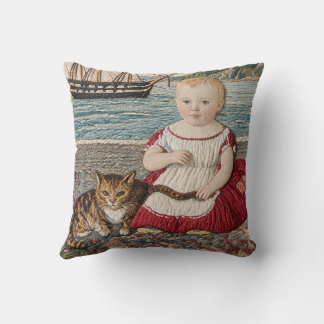Cojín Decorativo Escena de sampler de arte popular Niño con gato