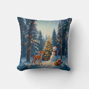 Cojín Decorativo Escena del árbol de Navidad Ciervo cervatillo muñe