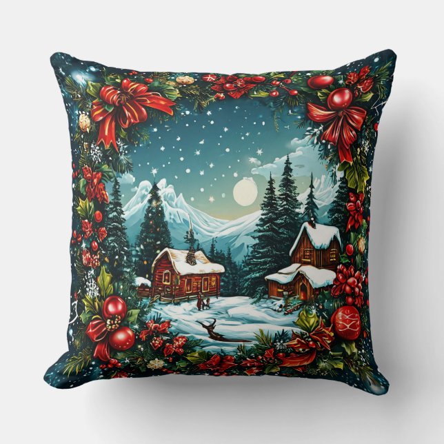 Cojín Decorativo Escena festiva de cabaña de invierno de Navidades  (Anverso)