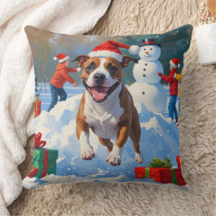 Cojín Decorativo Escena festiva de Navidad con Bull Terrier en la n