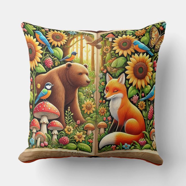 Cojín Decorativo Escena Forestal Con Oso, Fox, Sunflowers (Anverso)