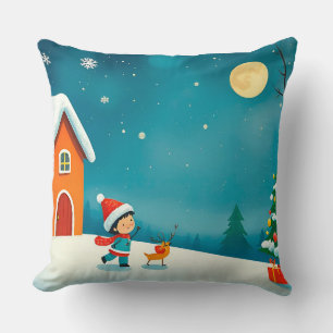 Cojín Decorativo Escena invernal con niño, reno, árbol de Navidad