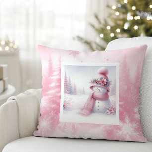 Cojín Decorativo Escena invernal de muñeco de nieve rosa Decoración
