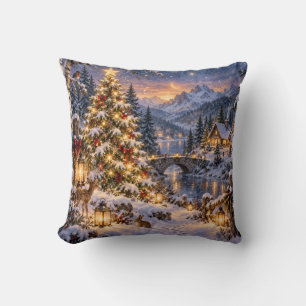 Cojín Decorativo Escena invernal del lago del bosque de Navidad
