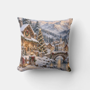 Cojín Decorativo Escena invernal del pueblo alpino de Navidad