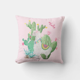 Cojín Decorativo Escena linda de la llama y del cactus - rosa