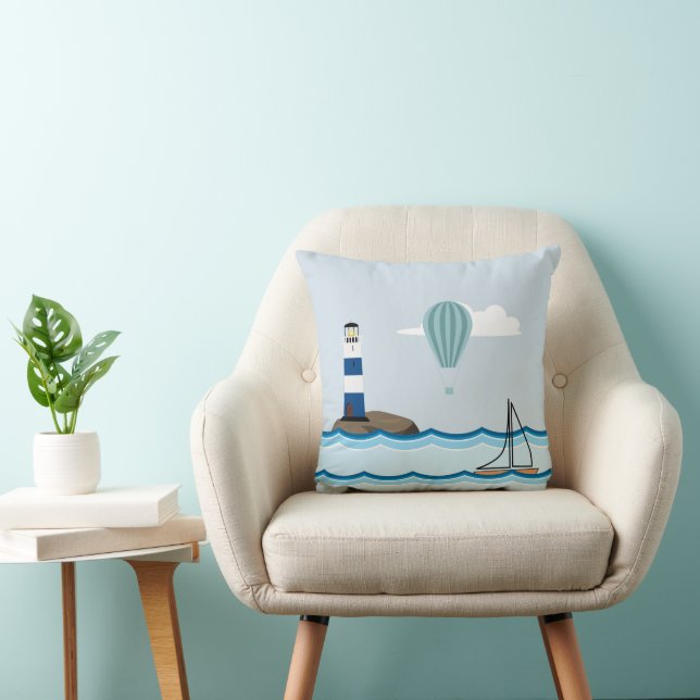 Cojín Decorativo Escena náutica con faro y velero (Silla)