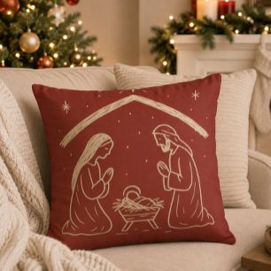 Cojín Decorativo Escena navideña de la Natividad dibujada a mano co