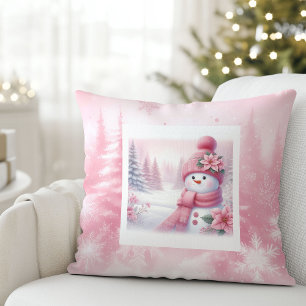 Cojín Decorativo Escena Navideña de Muñeco de Nieve Rosa Preciosa p