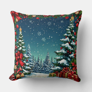 Cojín Decorativo Escena Navideña Festiva con Árboles Nevados