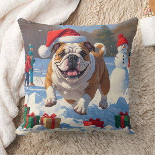 Cojín Decorativo Escena Navideña Festiva de Nieve con Bulldog