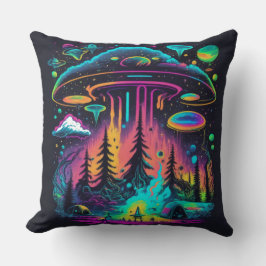 Cojín Decorativo Escena psicodélica de ovni y alienígena neon Arte
