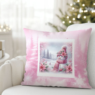 Cojín Decorativo Escena única de Navidad con muñeco de nieve rosa p