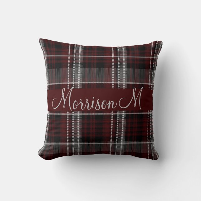 Cojín Decorativo Escocia Tartán Burgundy Gray Plaid Monograma (Anverso)