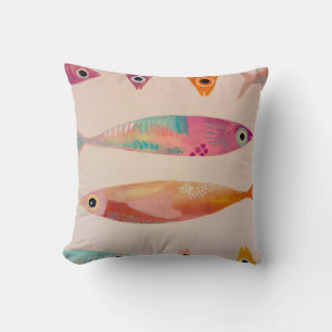 Cojín Decorativo Escuela de Peces de Arte Original - Rosa, Turquesa