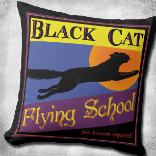 Cojín Decorativo Escuela de Vuelo de Gato Negro Retro 16"