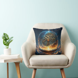 Cojín Decorativo Esfera de la Vida – El Árbol del Mundo Dorado.