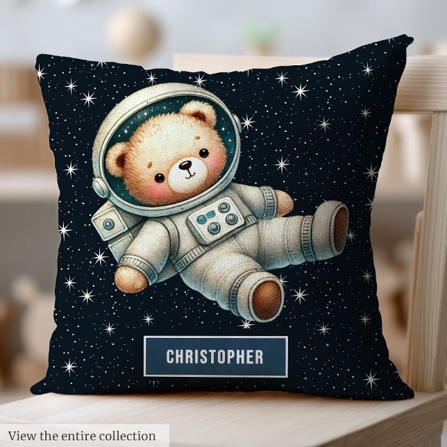 Cojín Decorativo Espacio lindo Teddy Bear Pillow Nombre personaliza (Cute Space Teddy Bear Pillow Custom Name Baby Gift)