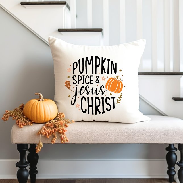 Cojín Decorativo Especie de calabaza y Jesucristo cristiano otoño (Pumpkin Spice and Jesus Christ Autumn Christian Throw Pillow)