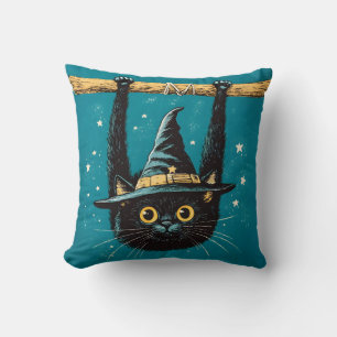 Cojín Decorativo Espeluznante Bruja de gato negro volador