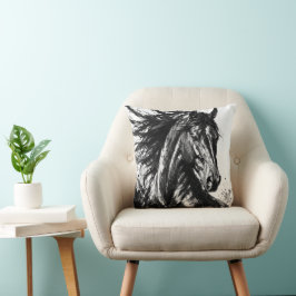 Cojín Decorativo Espíritu Salvaje en Tinta | Arte de Caballo Blanco