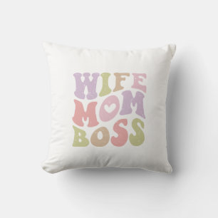 Cojín Decorativo Esposa Mamá Jefa Script Retro Groovy Día de la Mad