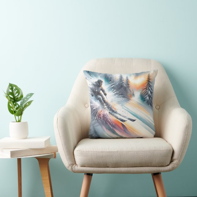Cojín Decorativo Esquiador de nieve de montaña acuarela (Silla)