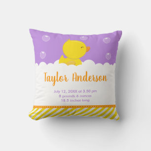 Cojín Decorativo Estadísticas de Nacimiento Amarillo y Púrpura Pato