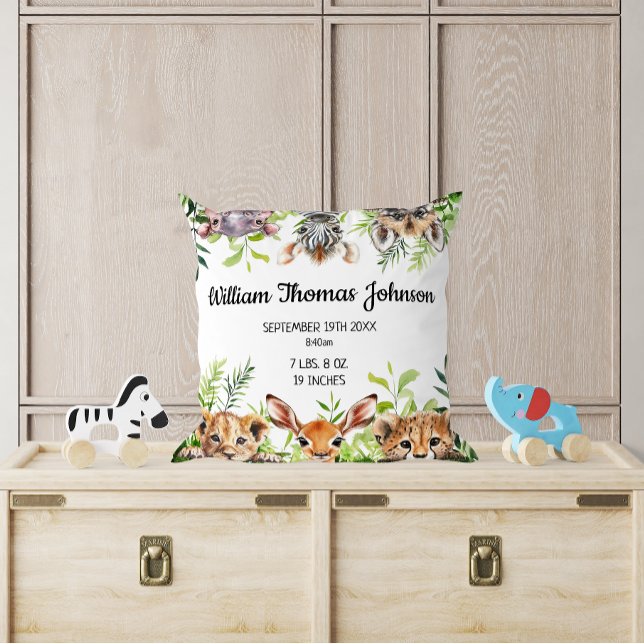 Cojín Decorativo Estadísticas de nacimiento de animales de safari e (Cute Watercolor Safari Animals Baby Birth Stats Throw Pillow)