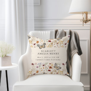 Cojín Decorativo Estadísticas de nacimiento de Boho Wildflowers Bab