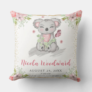 Cojín Decorativo Estadísticas de nacimiento de koala floral adorabl