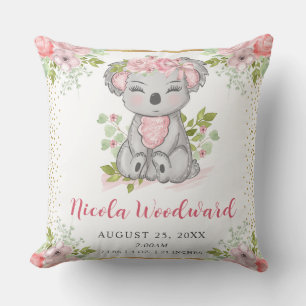 Cojín Decorativo Estadísticas de nacimiento de koala floral lindo a
