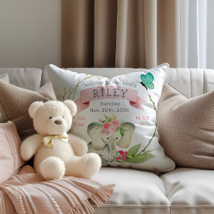 Cojín Decorativo Estadísticas de nacimiento de niña Elefante lindo