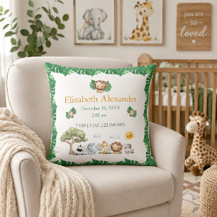 Cojín Decorativo Estadísticas de nacimiento de Safari Baby Nursery 